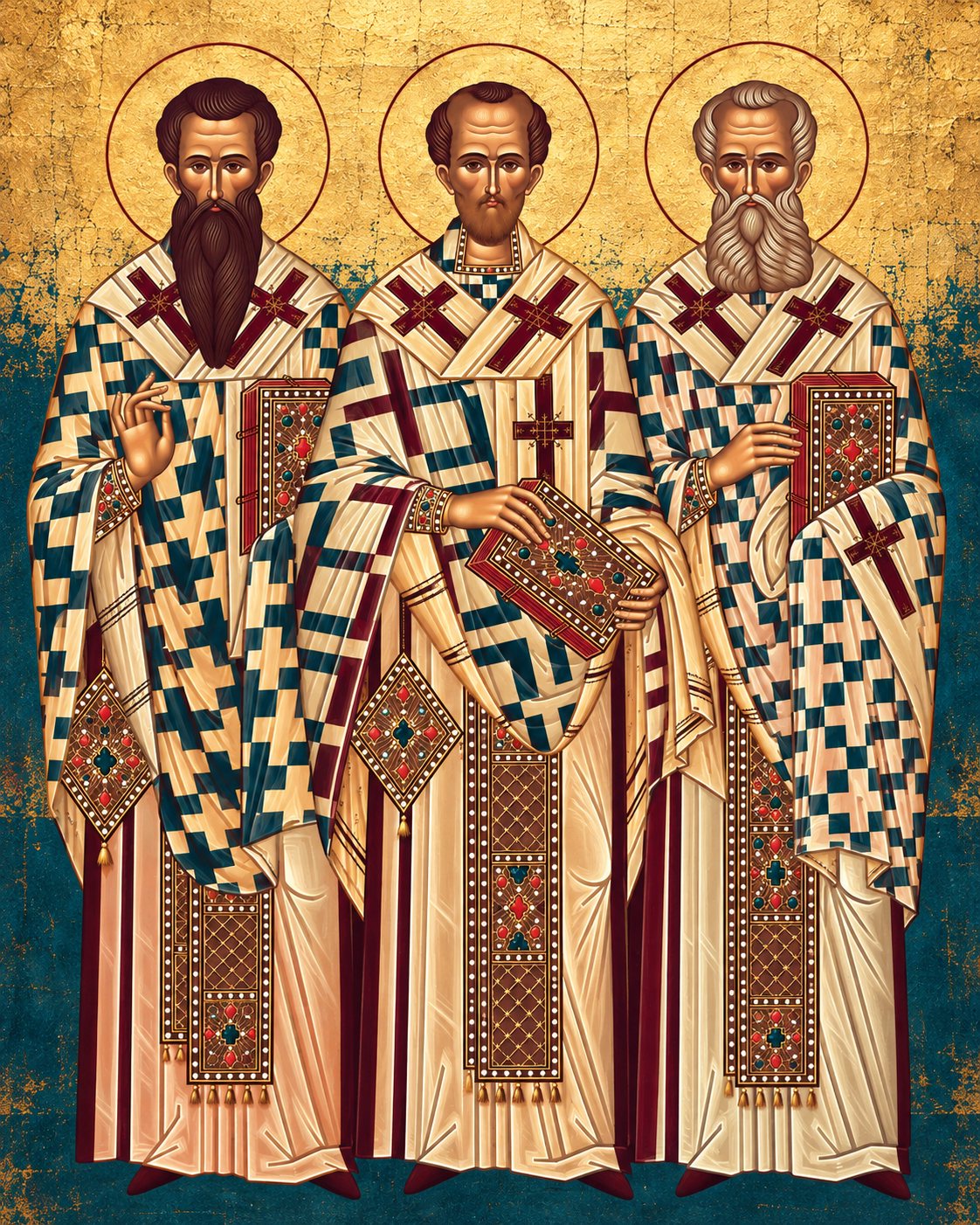 Icon of the Three Holy Hierarchs: Saint Basil the Great, Saint John Chrysostom, and Saint Gregory the Theologian, standing in bishop’s vestments, haloed in gold and holding Gospel books.